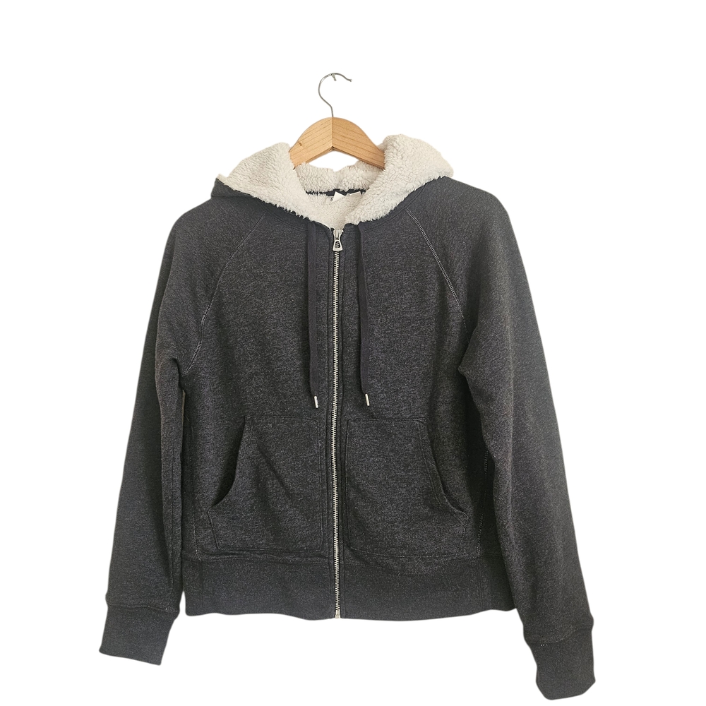 Gap Sherpa Zip Hoodie Dark Charcoal Heather Gray Cozy Fleece Athleisure, Size M